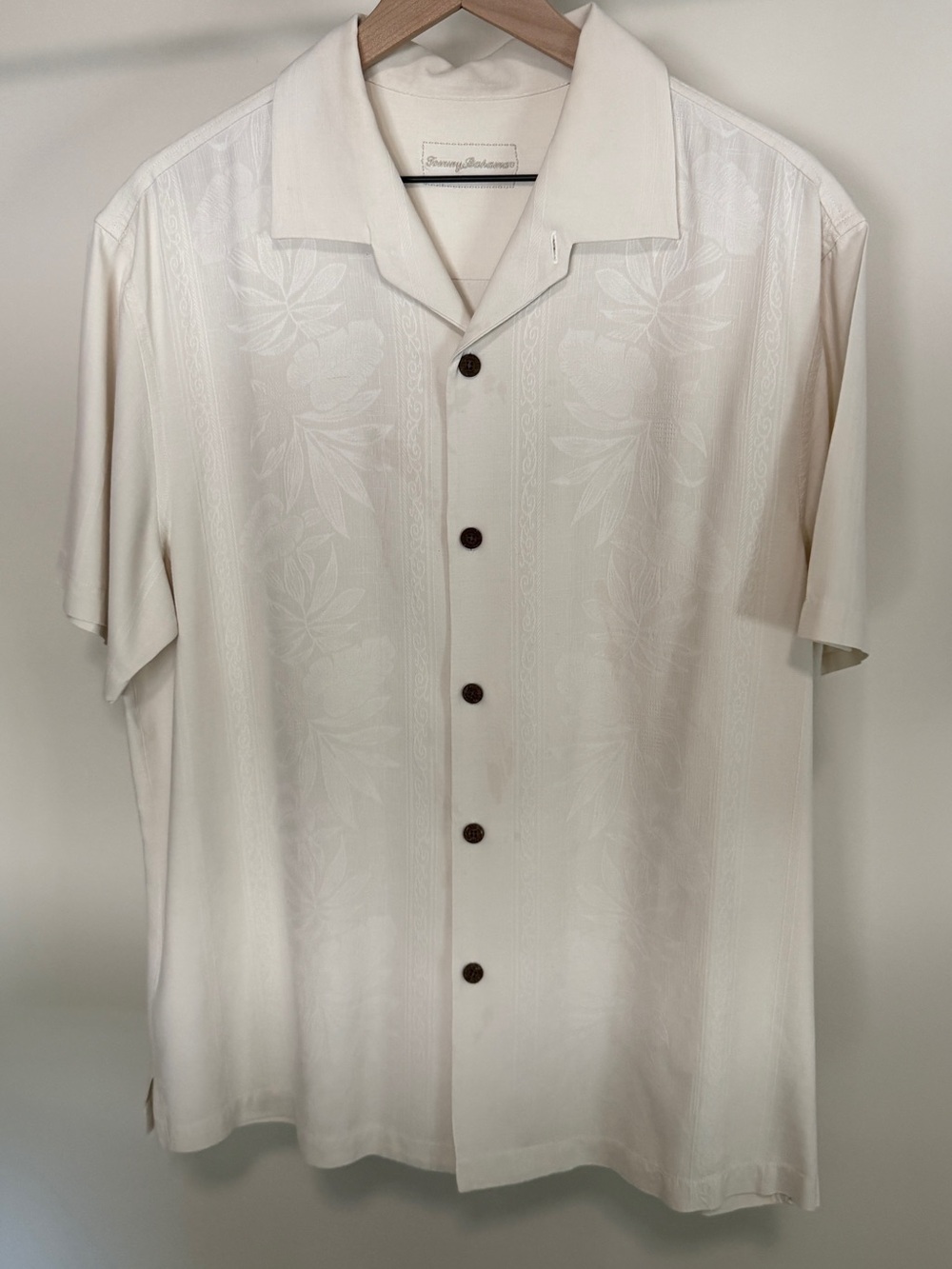 Tommy Bahama Cream Short Sleeve Camp Shirt with Subtle Floral Jacquard